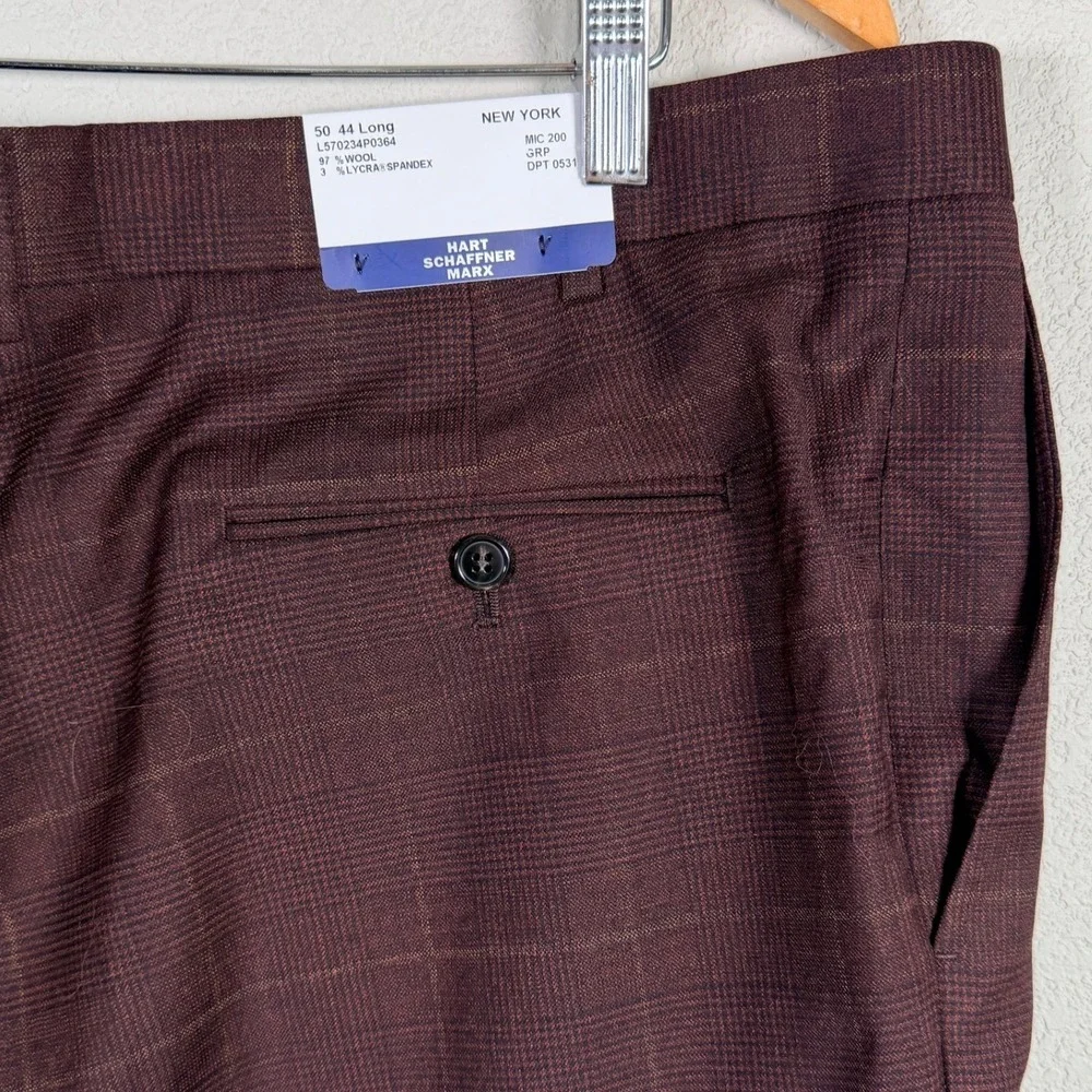 Hart Schaffner Marx Dress Pant New York Fit Mens 44 Unhemmed Burgundy Plaid Wool